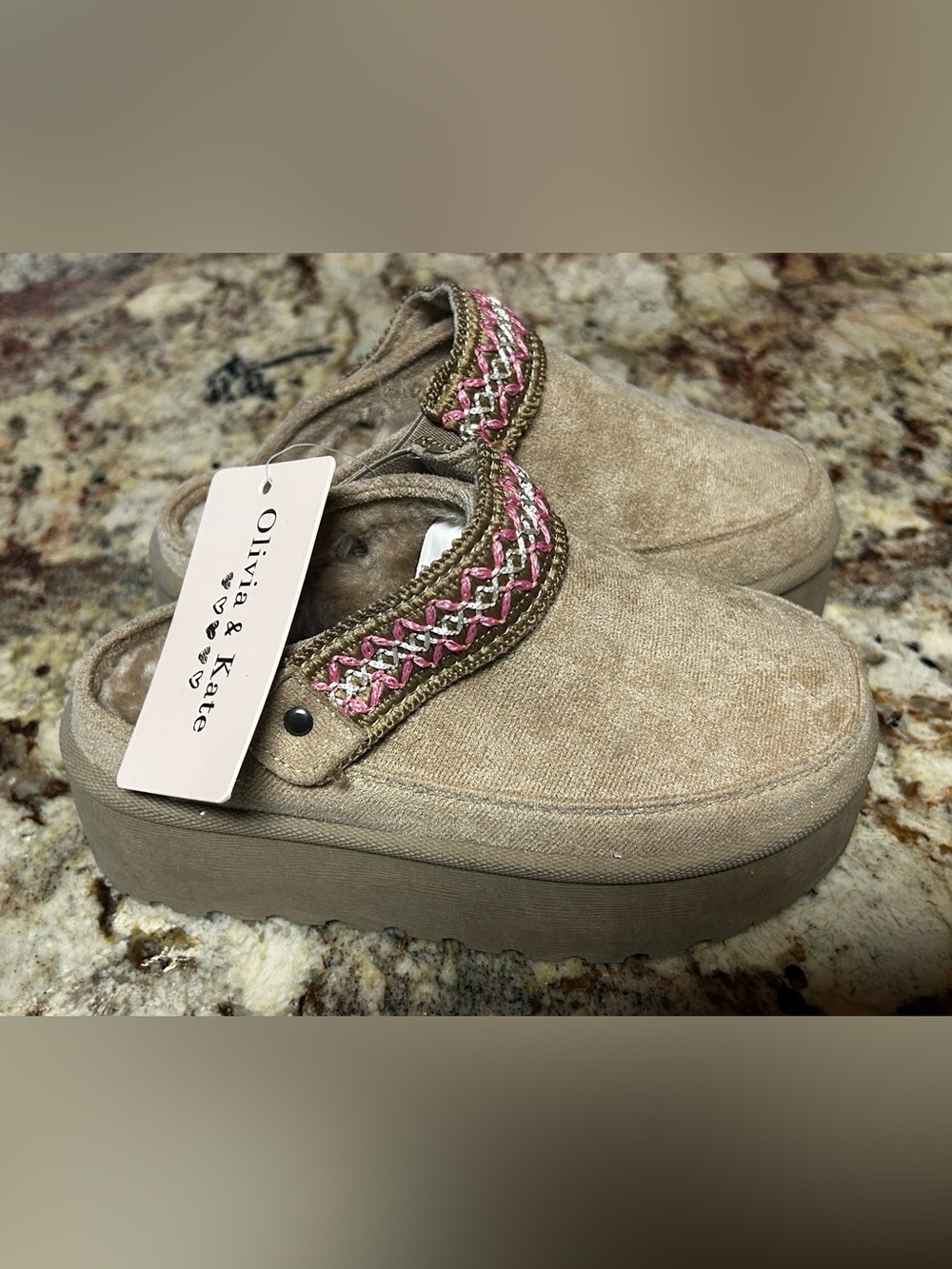 NWT Olivia & Kate Girl’s 10 Tan Suede Fur Lined Moccasin Slip-On Pink Braid Trim